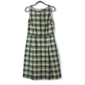 Brooks Brothers silk green Tartan plaid sleeveless dress boat neck size 8
